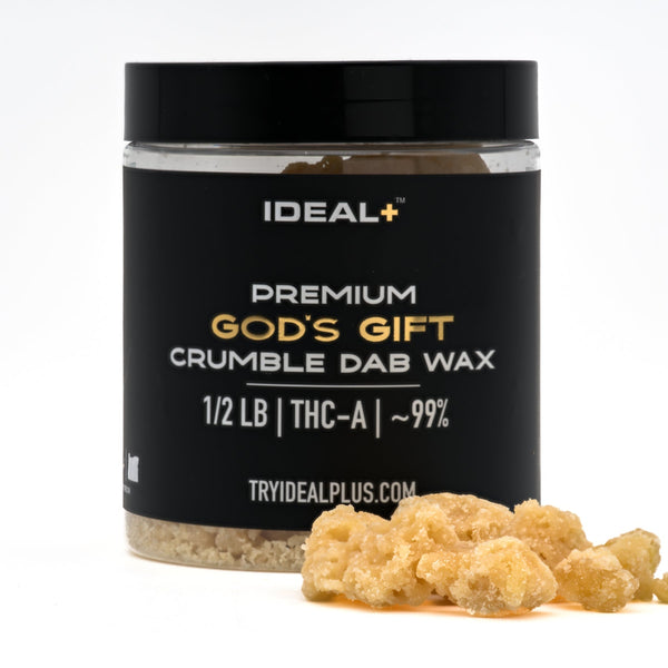 Jar of God’s Gift THCa Crumble Dab Wax 94.67% for wholesale purchase 1/2 LB